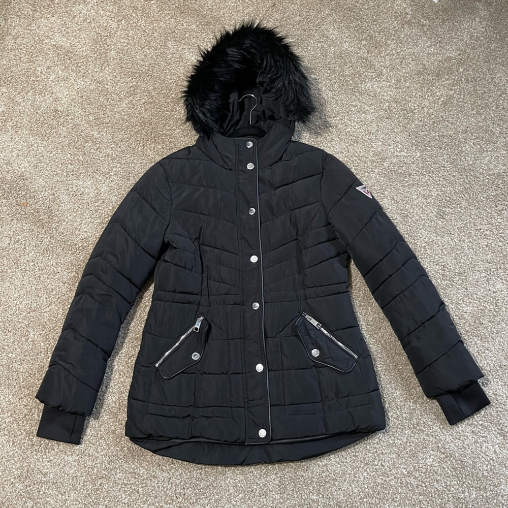 Guess Black Winter Coat with Fur Hood